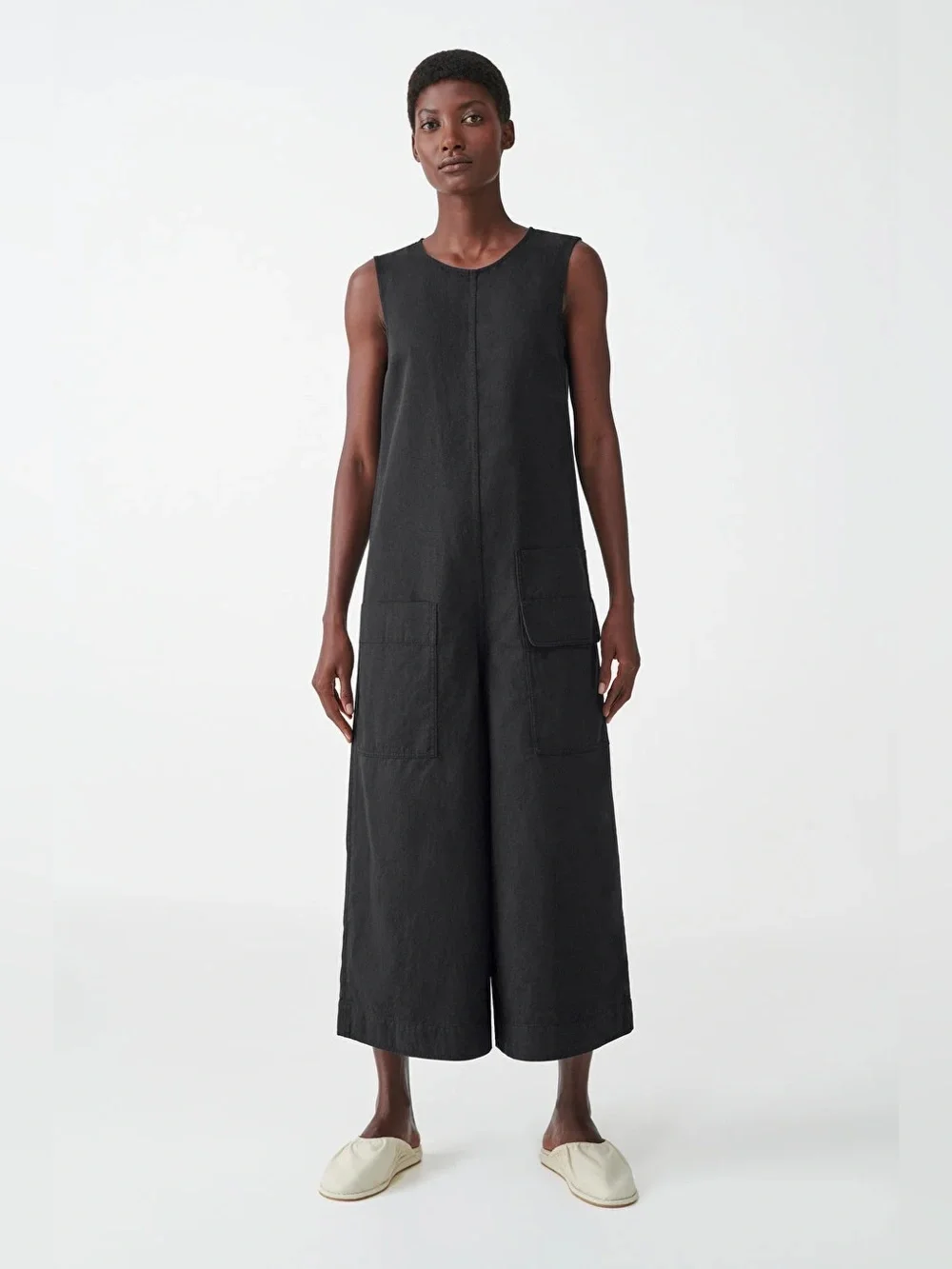 COS Black Sleeveless Wide-Leg Cotton linen Jumpsuit Pockets 6 quiet luxury